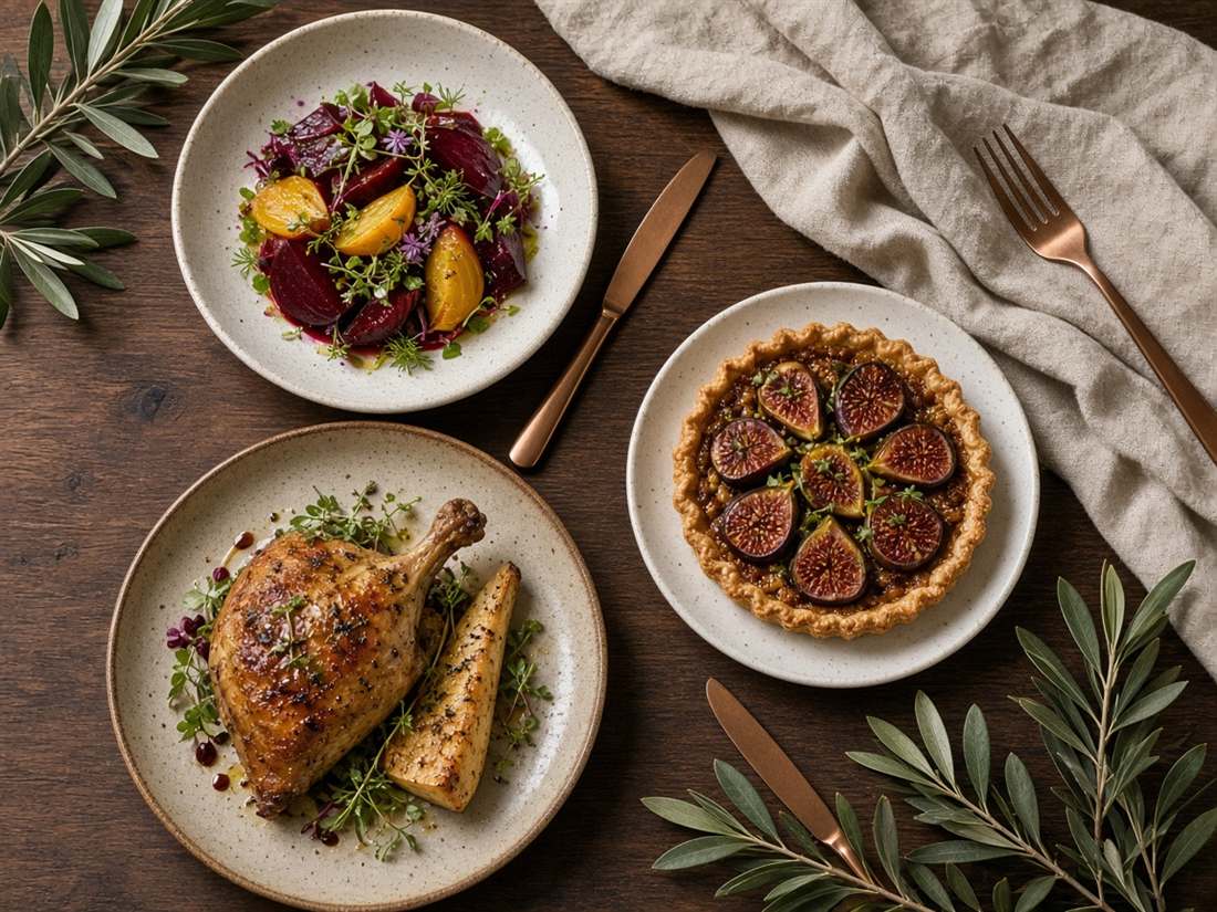Betteraves rôties, volaille laquée et tarte aux figues sur une table en noyer