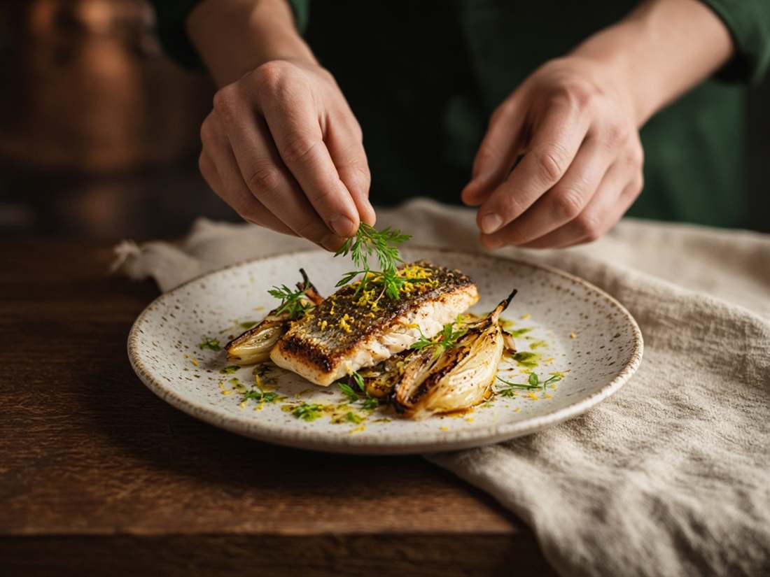 Saint-pierre rôti au fenouil, dressé dans la cuisine de Consuiteles